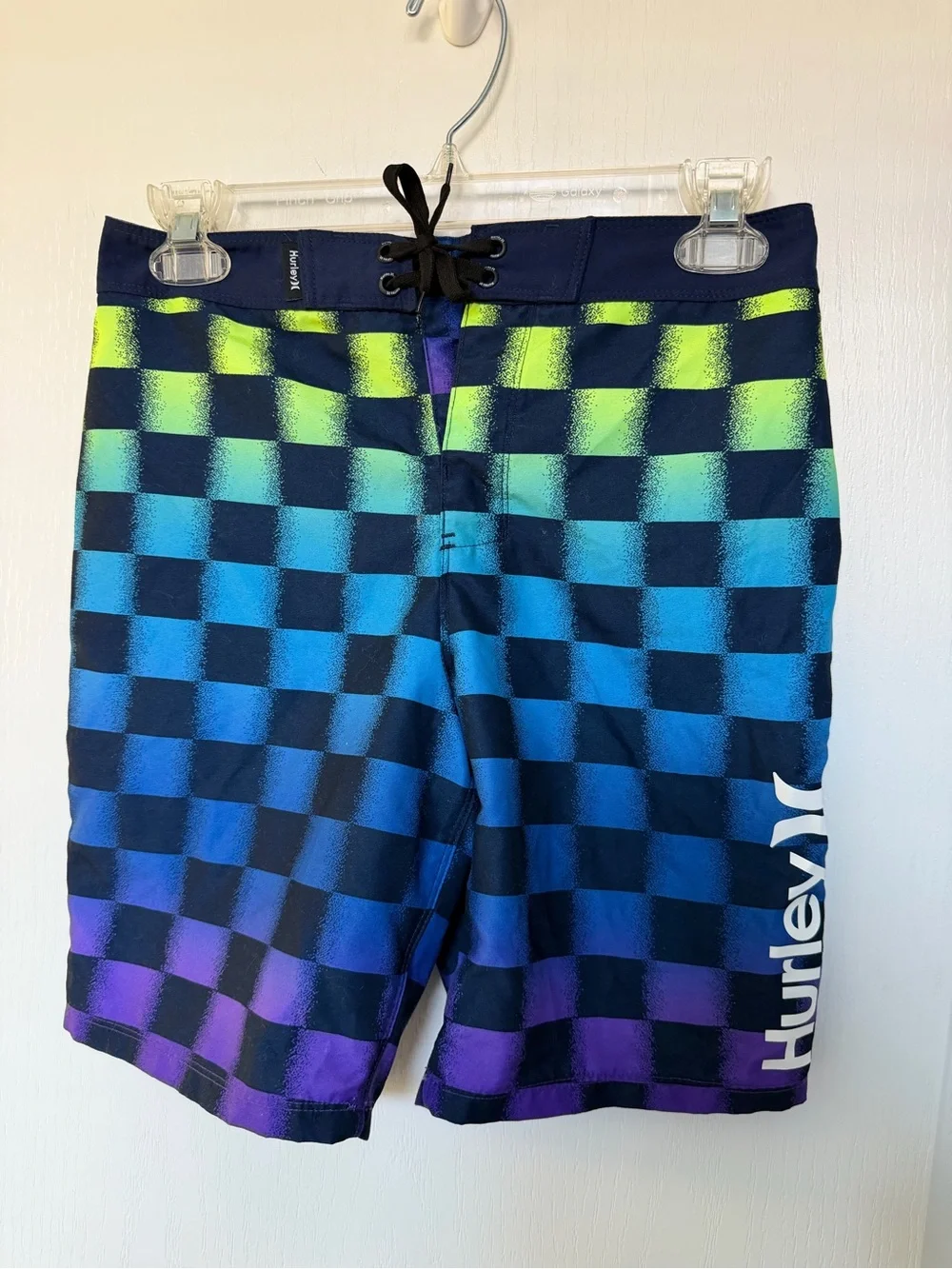 Hurley Boys Gradient Checkerboard Swim Trunks in Blue/Green/Purple